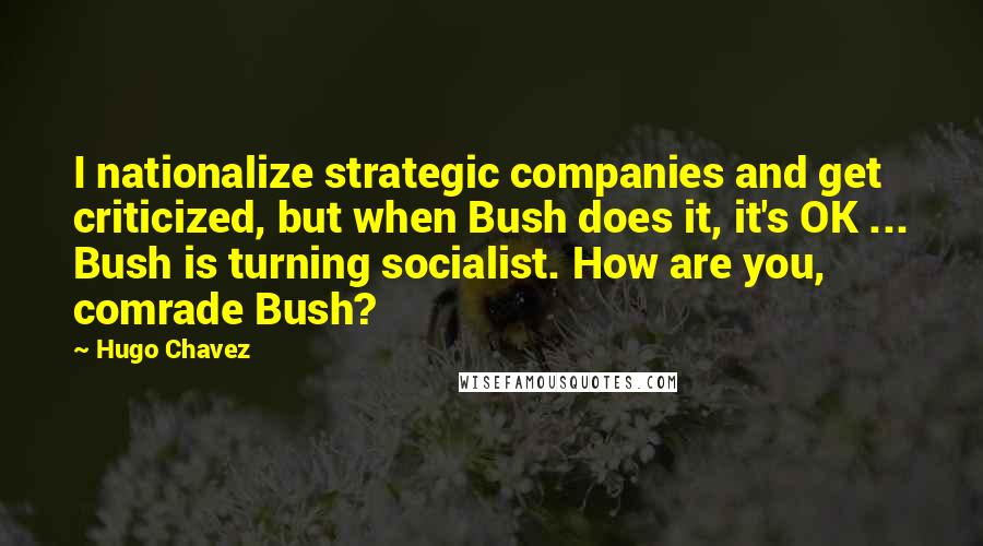 Hugo Chavez Quotes: I nationalize strategic companies and get criticized, but when Bush does it, it's OK ... Bush is turning socialist. How are you, comrade Bush?