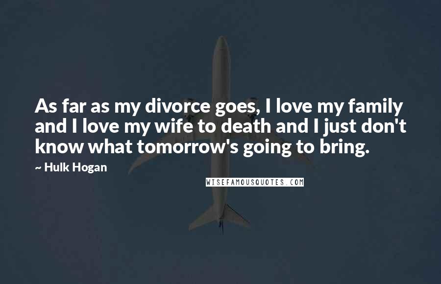 Hulk Hogan Quotes: As far as my divorce goes, I love my family and I love my wife to death and I just don't know what tomorrow's going to bring.