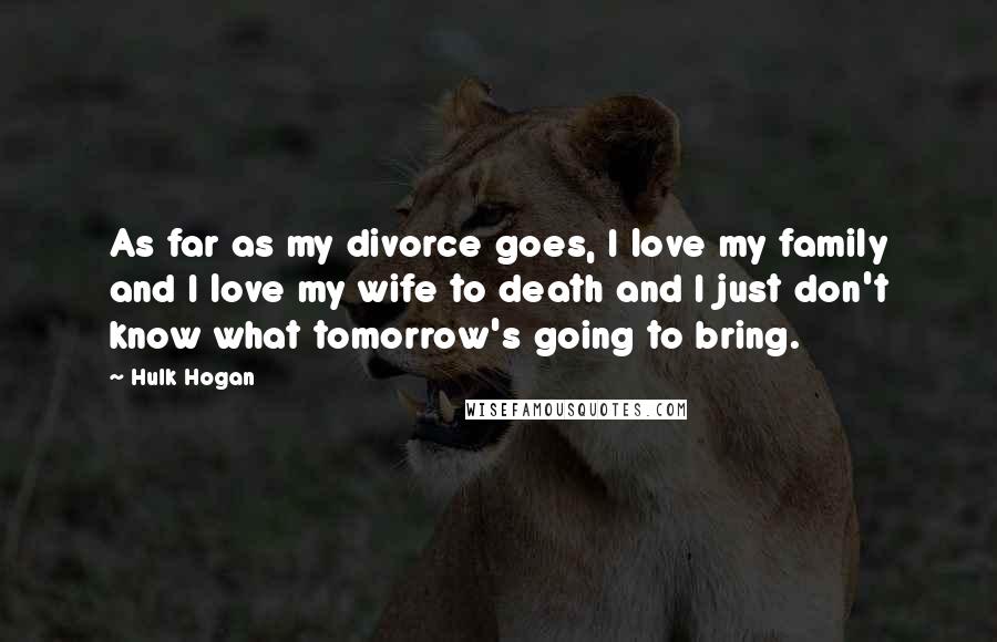 Hulk Hogan Quotes: As far as my divorce goes, I love my family and I love my wife to death and I just don't know what tomorrow's going to bring.