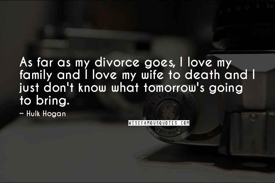 Hulk Hogan Quotes: As far as my divorce goes, I love my family and I love my wife to death and I just don't know what tomorrow's going to bring.