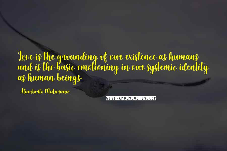 Humberto Maturana Quotes: Love is the grounding of our existence as humans and is the basic emotioning in our systemic identity as human beings.