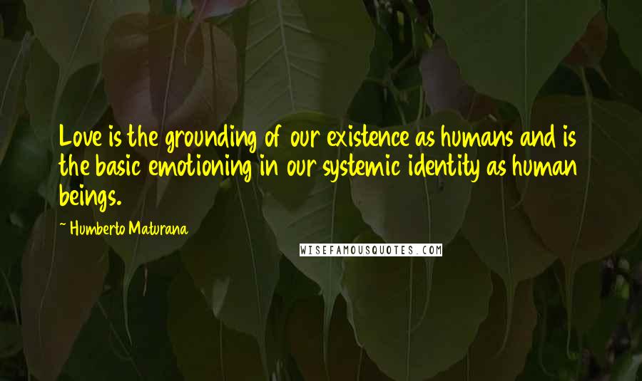 Humberto Maturana Quotes: Love is the grounding of our existence as humans and is the basic emotioning in our systemic identity as human beings.