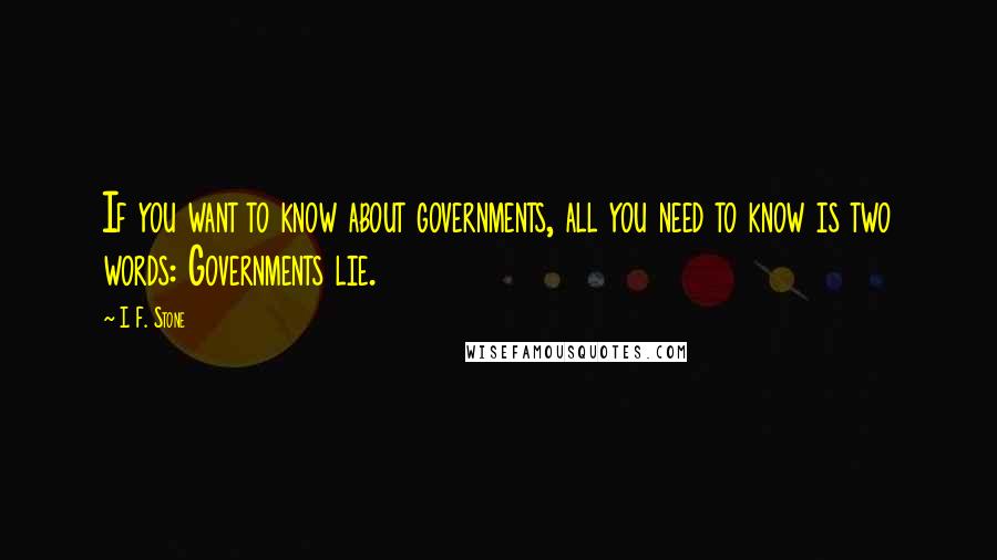 I. F. Stone Quotes: If you want to know about governments, all you need to know is two words: Governments lie.