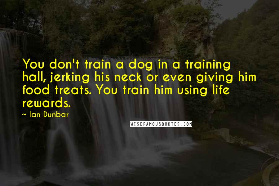 Ian Dunbar Quotes: You don't train a dog in a training hall, jerking his neck or even giving him food treats. You train him using life rewards.