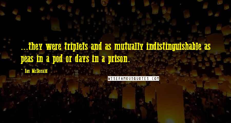 Ian McDonald Quotes: ...they were triplets and as mutually indistinguishable as peas in a pod or days in a prison.