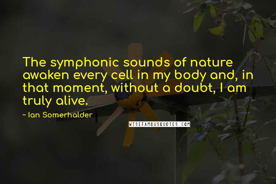 Ian Somerhalder Quotes: The symphonic sounds of nature awaken every cell in my body and, in that moment, without a doubt, I am truly alive.