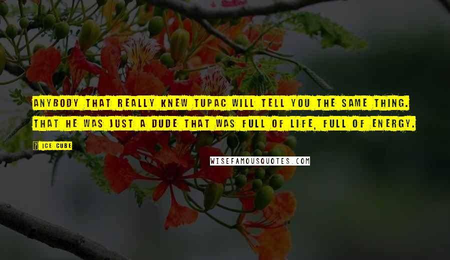 Ice Cube Quotes: Anybody that really knew Tupac will tell you the same thing. That he was just a dude that was full of life, full of energy.
