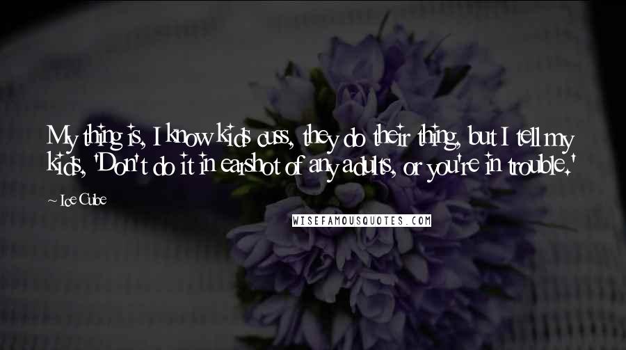 Ice Cube Quotes: My thing is, I know kids cuss, they do their thing, but I tell my kids, 'Don't do it in earshot of any adults, or you're in trouble.'
