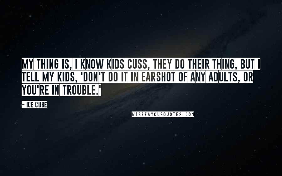 Ice Cube Quotes: My thing is, I know kids cuss, they do their thing, but I tell my kids, 'Don't do it in earshot of any adults, or you're in trouble.'