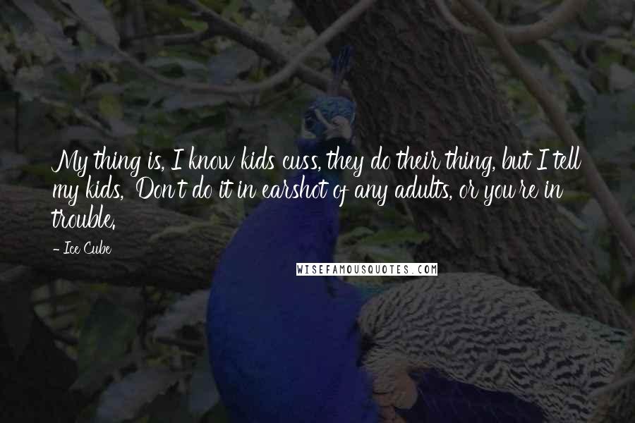 Ice Cube Quotes: My thing is, I know kids cuss, they do their thing, but I tell my kids, 'Don't do it in earshot of any adults, or you're in trouble.'