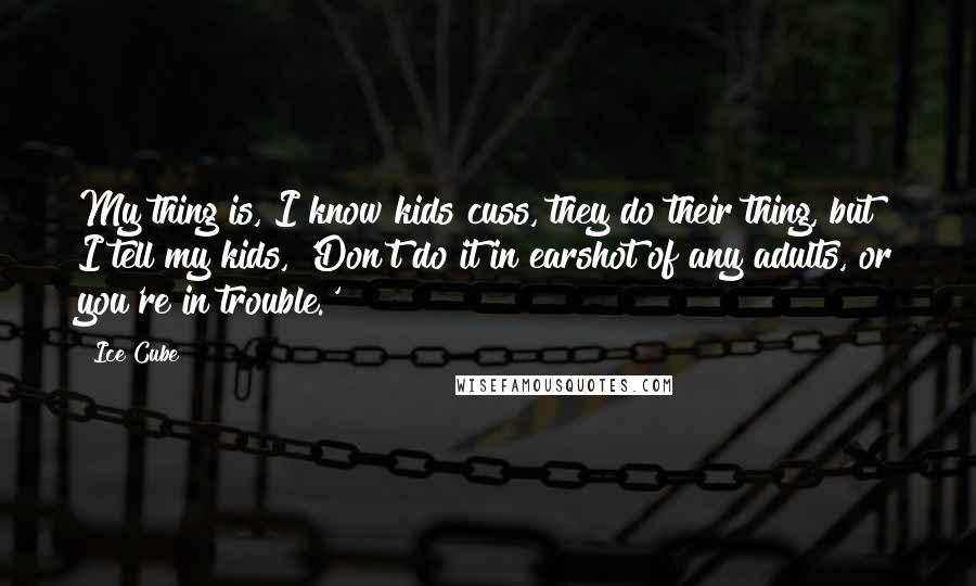 Ice Cube Quotes: My thing is, I know kids cuss, they do their thing, but I tell my kids, 'Don't do it in earshot of any adults, or you're in trouble.'
