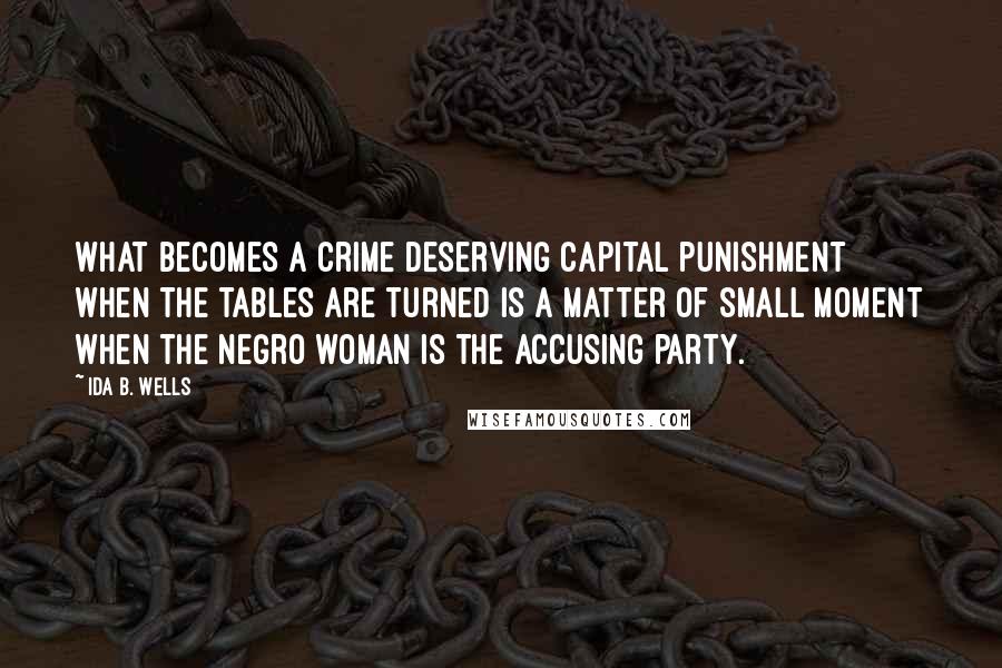 Ida B. Wells Quotes: What becomes a crime deserving capital punishment when the tables are turned is a matter of small moment when the negro woman is the accusing party.