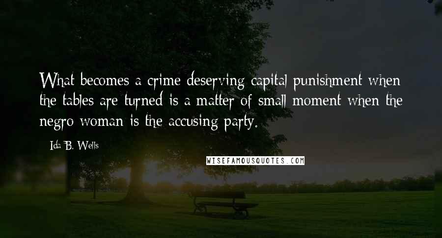 Ida B. Wells Quotes: What becomes a crime deserving capital punishment when the tables are turned is a matter of small moment when the negro woman is the accusing party.