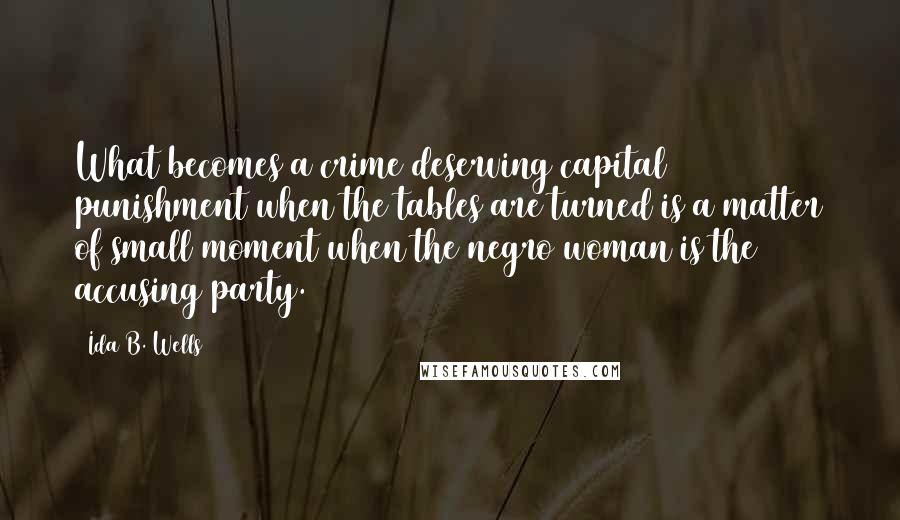 Ida B. Wells Quotes: What becomes a crime deserving capital punishment when the tables are turned is a matter of small moment when the negro woman is the accusing party.