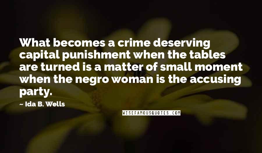 Ida B. Wells Quotes: What becomes a crime deserving capital punishment when the tables are turned is a matter of small moment when the negro woman is the accusing party.