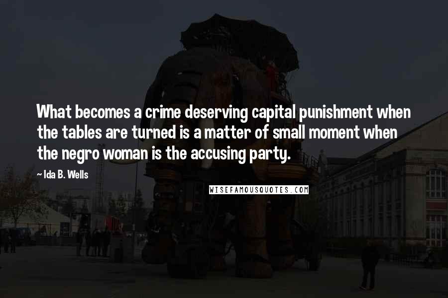 Ida B. Wells Quotes: What becomes a crime deserving capital punishment when the tables are turned is a matter of small moment when the negro woman is the accusing party.