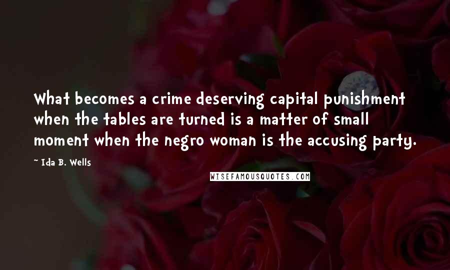 Ida B. Wells Quotes: What becomes a crime deserving capital punishment when the tables are turned is a matter of small moment when the negro woman is the accusing party.