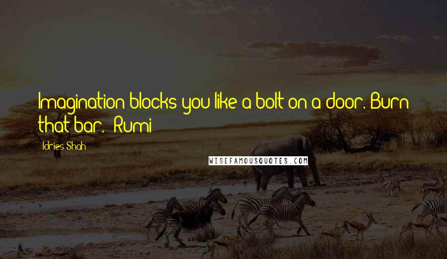 Idries Shah Quotes: Imagination blocks you like a bolt on a door. Burn that bar. (Rumi)