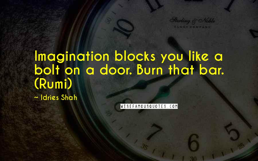 Idries Shah Quotes: Imagination blocks you like a bolt on a door. Burn that bar. (Rumi)