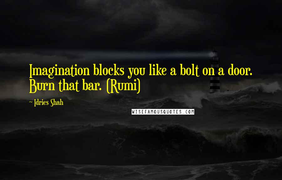 Idries Shah Quotes: Imagination blocks you like a bolt on a door. Burn that bar. (Rumi)