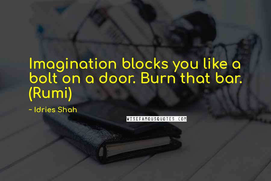 Idries Shah Quotes: Imagination blocks you like a bolt on a door. Burn that bar. (Rumi)