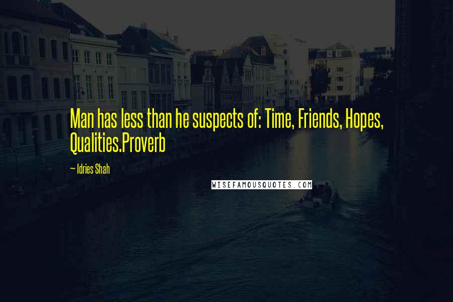 Idries Shah Quotes: Man has less than he suspects of: Time, Friends, Hopes, Qualities.Proverb