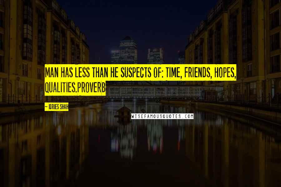 Idries Shah Quotes: Man has less than he suspects of: Time, Friends, Hopes, Qualities.Proverb