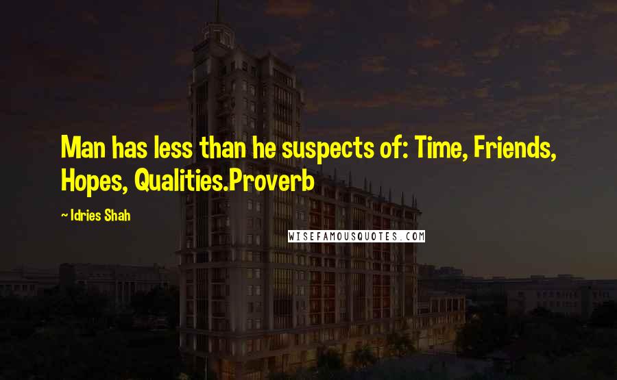 Idries Shah Quotes: Man has less than he suspects of: Time, Friends, Hopes, Qualities.Proverb