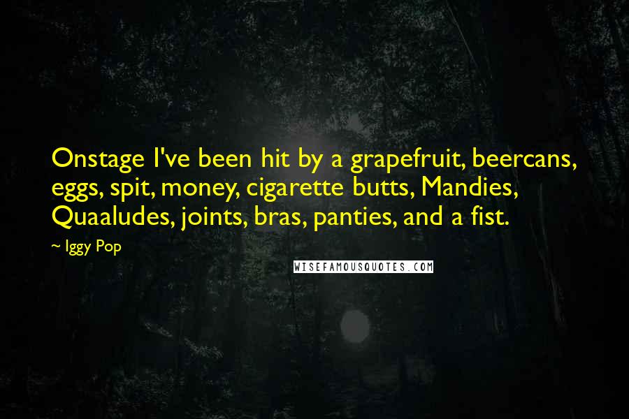 Iggy Pop Quotes: Onstage I've been hit by a grapefruit, beercans, eggs, spit, money, cigarette butts, Mandies, Quaaludes, joints, bras, panties, and a fist.