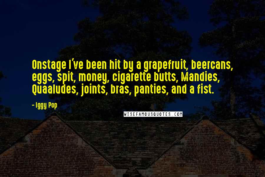 Iggy Pop Quotes: Onstage I've been hit by a grapefruit, beercans, eggs, spit, money, cigarette butts, Mandies, Quaaludes, joints, bras, panties, and a fist.