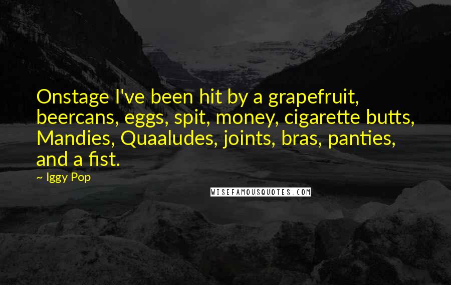 Iggy Pop Quotes: Onstage I've been hit by a grapefruit, beercans, eggs, spit, money, cigarette butts, Mandies, Quaaludes, joints, bras, panties, and a fist.