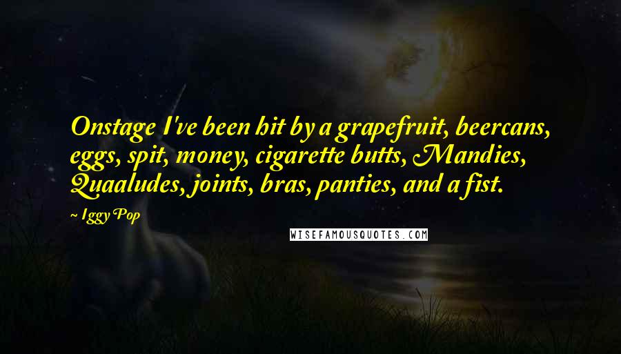 Iggy Pop Quotes: Onstage I've been hit by a grapefruit, beercans, eggs, spit, money, cigarette butts, Mandies, Quaaludes, joints, bras, panties, and a fist.