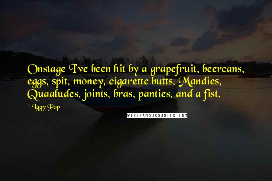 Iggy Pop Quotes: Onstage I've been hit by a grapefruit, beercans, eggs, spit, money, cigarette butts, Mandies, Quaaludes, joints, bras, panties, and a fist.