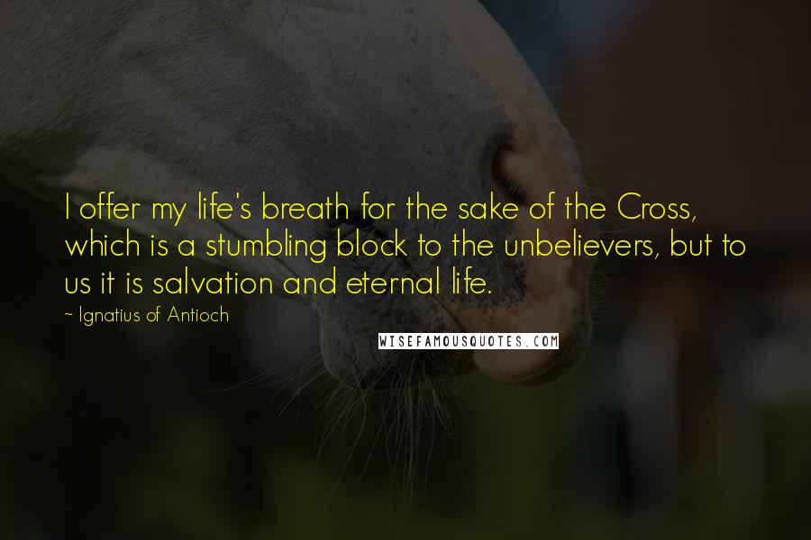 Ignatius Of Antioch Quotes: I offer my life's breath for the sake of the Cross, which is a stumbling block to the unbelievers, but to us it is salvation and eternal life.