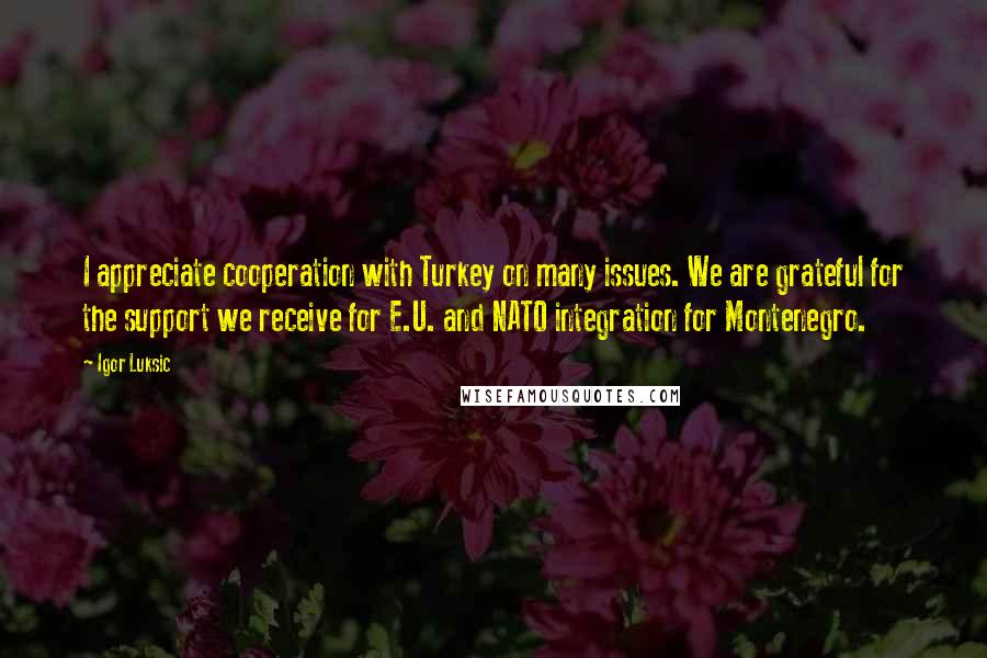 Igor Luksic Quotes: I appreciate cooperation with Turkey on many issues. We are grateful for the support we receive for E.U. and NATO integration for Montenegro.