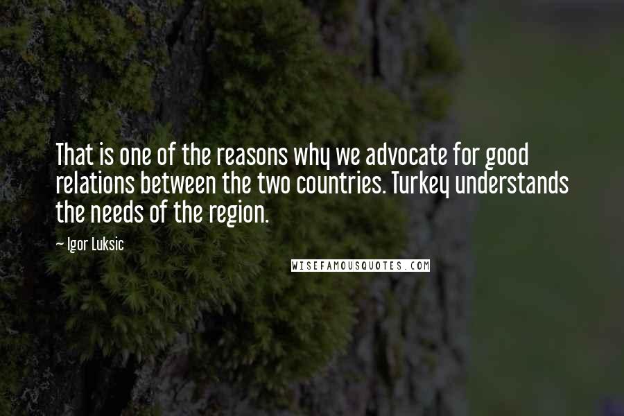 Igor Luksic Quotes: That is one of the reasons why we advocate for good relations between the two countries. Turkey understands the needs of the region.