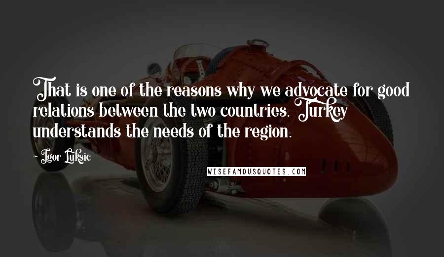 Igor Luksic Quotes: That is one of the reasons why we advocate for good relations between the two countries. Turkey understands the needs of the region.