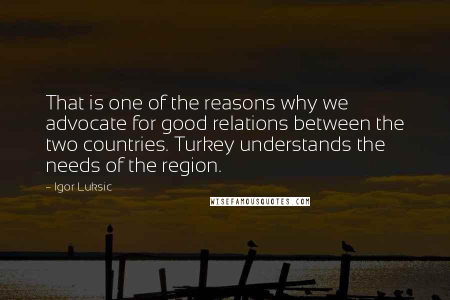 Igor Luksic Quotes: That is one of the reasons why we advocate for good relations between the two countries. Turkey understands the needs of the region.