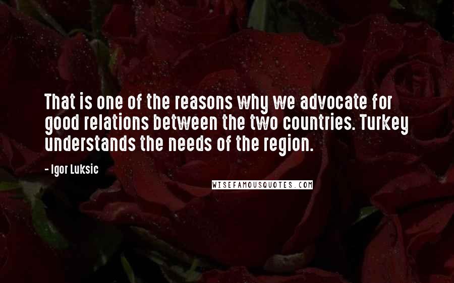 Igor Luksic Quotes: That is one of the reasons why we advocate for good relations between the two countries. Turkey understands the needs of the region.