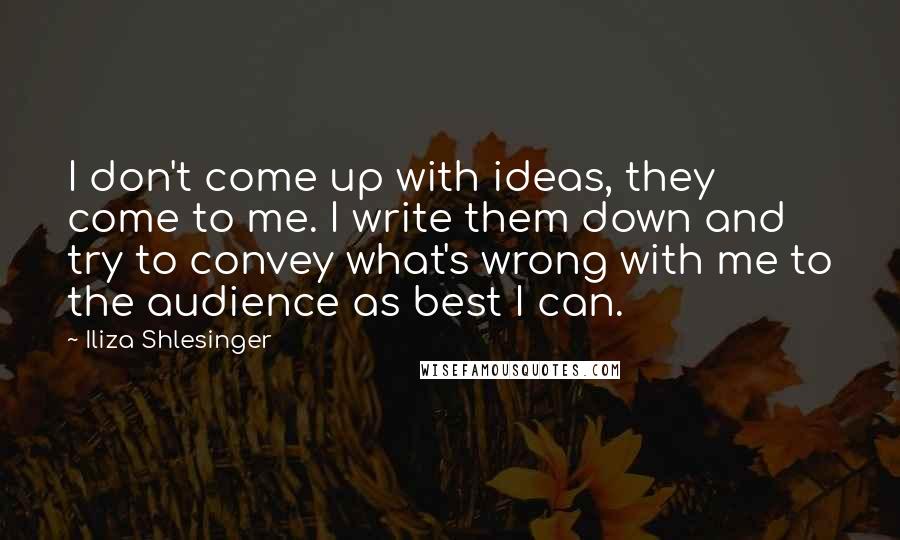 Iliza Shlesinger Quotes: I don't come up with ideas, they come to me. I write them down and try to convey what's wrong with me to the audience as best I can.