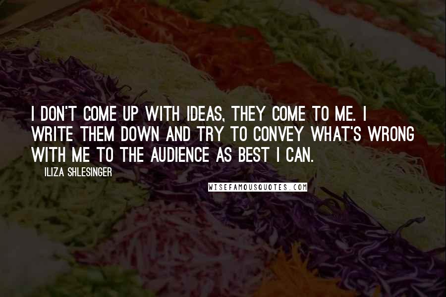 Iliza Shlesinger Quotes: I don't come up with ideas, they come to me. I write them down and try to convey what's wrong with me to the audience as best I can.