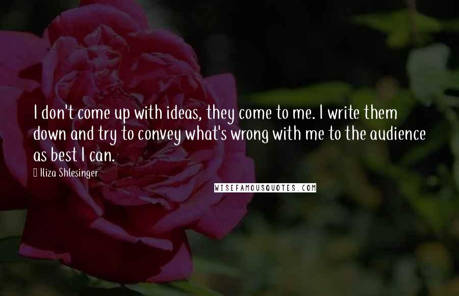 Iliza Shlesinger Quotes: I don't come up with ideas, they come to me. I write them down and try to convey what's wrong with me to the audience as best I can.