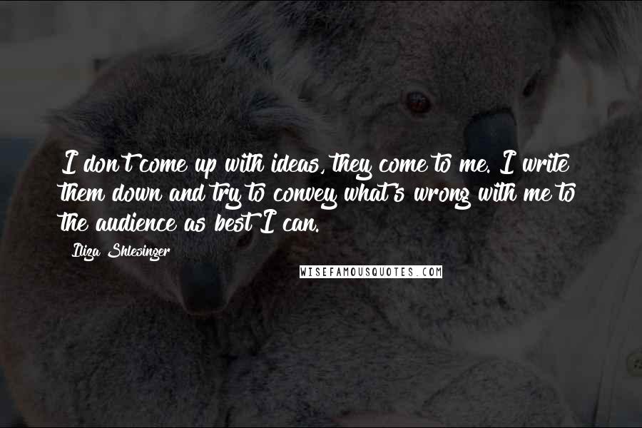 Iliza Shlesinger Quotes: I don't come up with ideas, they come to me. I write them down and try to convey what's wrong with me to the audience as best I can.