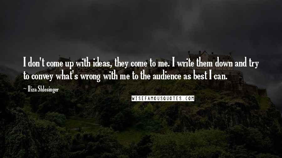 Iliza Shlesinger Quotes: I don't come up with ideas, they come to me. I write them down and try to convey what's wrong with me to the audience as best I can.