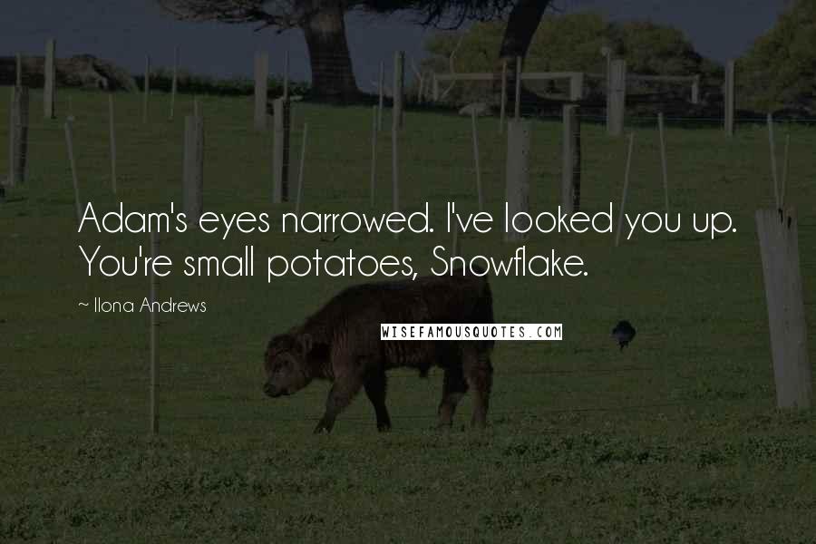 Ilona Andrews Quotes: Adam's eyes narrowed. I've looked you up. You're small potatoes, Snowflake.