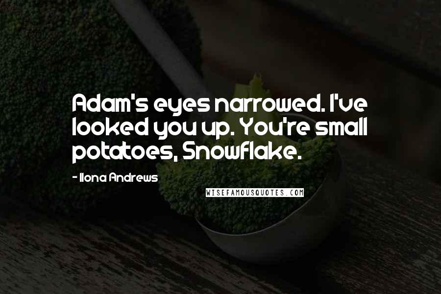 Ilona Andrews Quotes: Adam's eyes narrowed. I've looked you up. You're small potatoes, Snowflake.