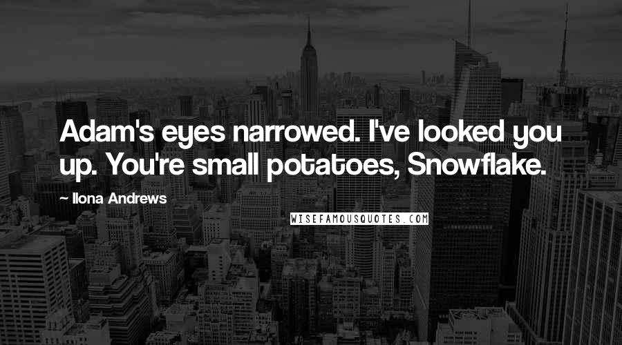 Ilona Andrews Quotes: Adam's eyes narrowed. I've looked you up. You're small potatoes, Snowflake.