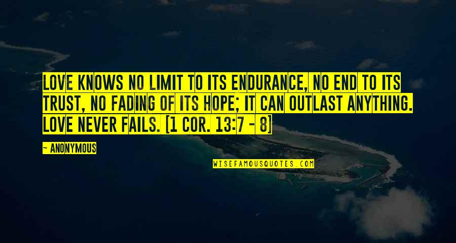 1 Corinthians 13 13 Quotes By Anonymous: Love knows no limit to its endurance, no 1 Corinthians 13 13 Quotes By Anonymous: Love knows no limit to its endurance, no