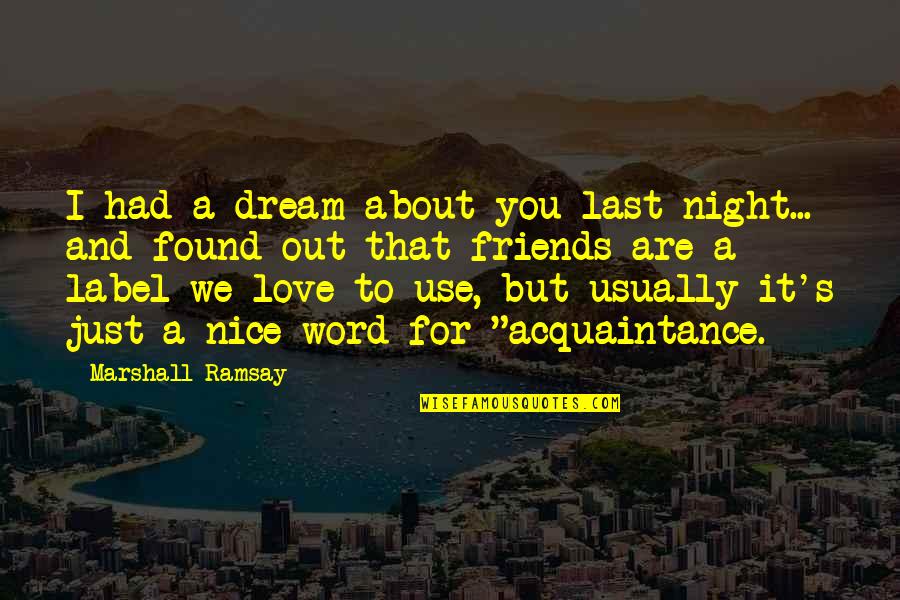 1 Word Friendship Quotes By Marshall Ramsay: I had a dream about you last night...