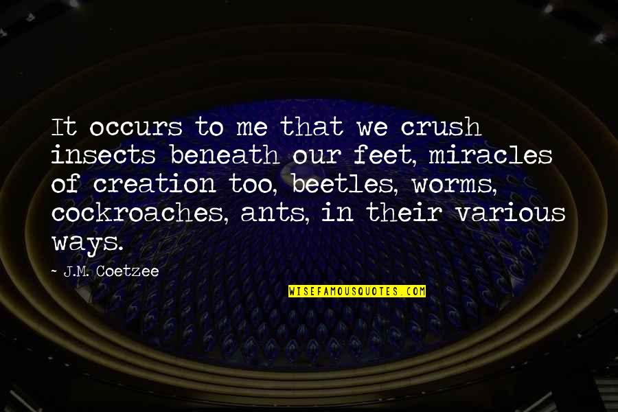 2 Ways Quotes By J.M. Coetzee: It occurs to me that we crush insects